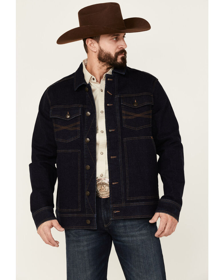 Blue Ranchwear Men's Rinse Button-Down Dark Indigo Denim Trucker Jacket , Dark Blue, hi-res